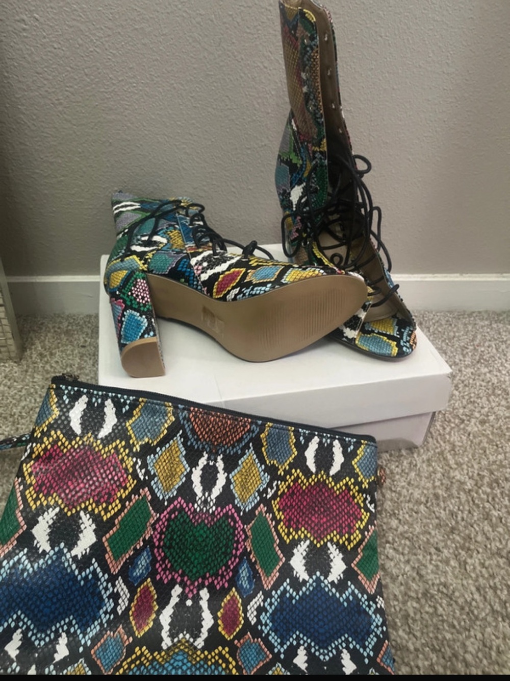 SHEIN Multicolor Snake-Print Lace-Up Block Heel Boots